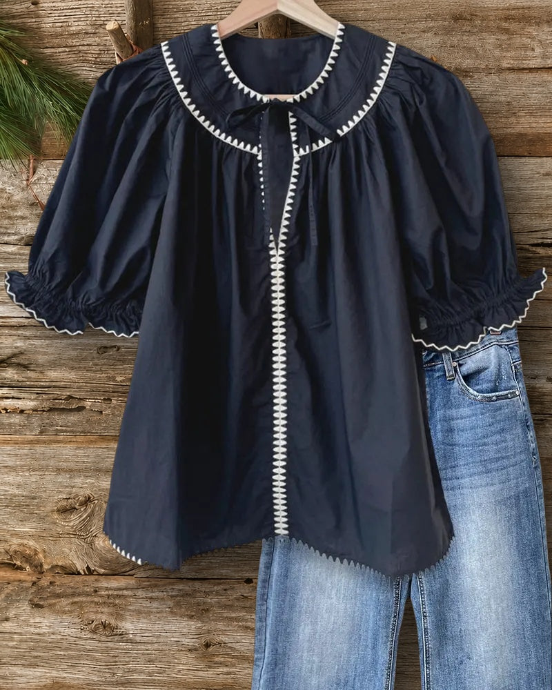 Contrast-Stitch Trim Urban Puff Sleeve Lace-Up Blouse