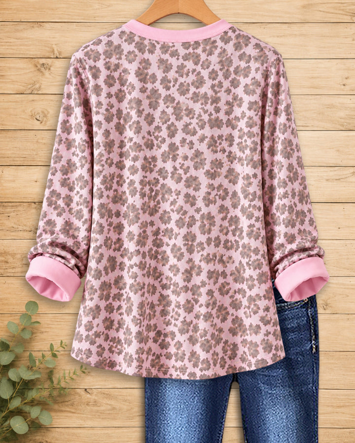 Leopard Print Henley Placket Long Sleeve Loose Casual Blouse