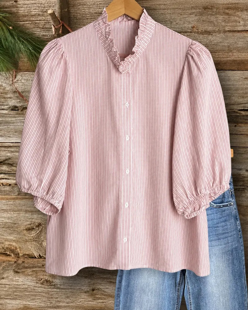 Ruffled Stand Collar Striped Puff Sleeve Button Front Blouse