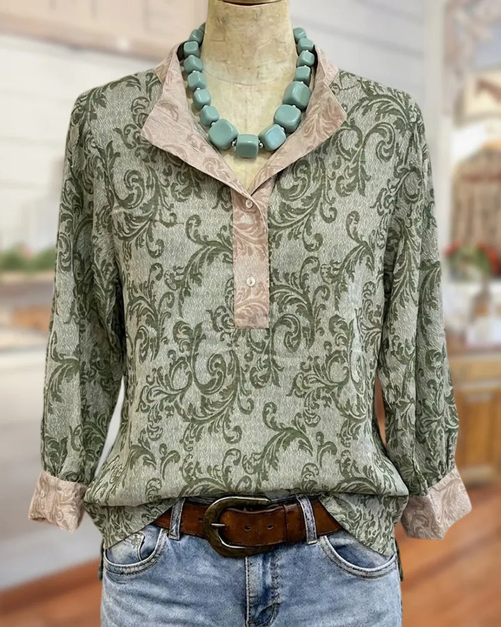Contrast Trim 3/4 Sleeve Vintage Damask Print Blouse