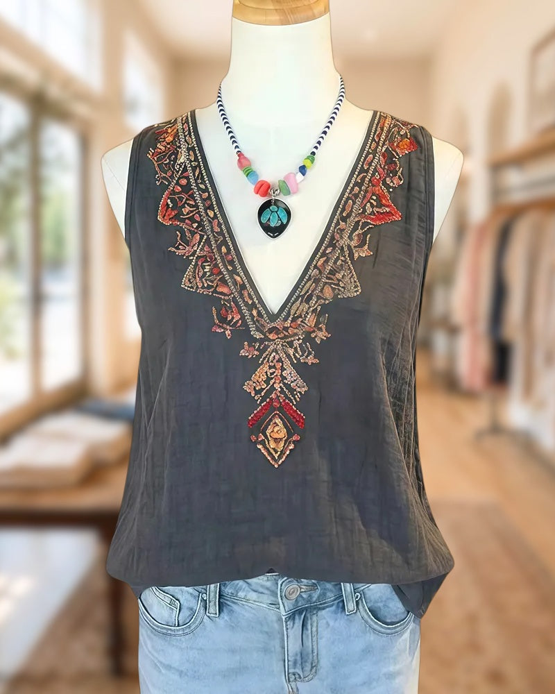 V Neck Floral Embroidered Sleeveless Relaxed Fit Tank Top