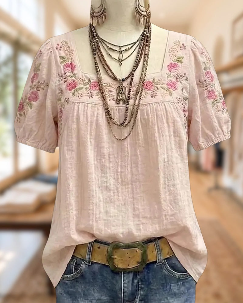Square Neck Floral Embroidery Puff Sleeve Loose Casual Blouse