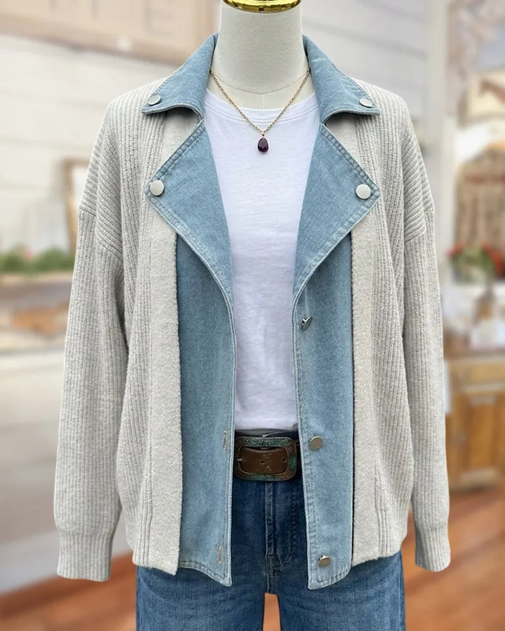 Denim Spliced Lapel Button Knit Jacket