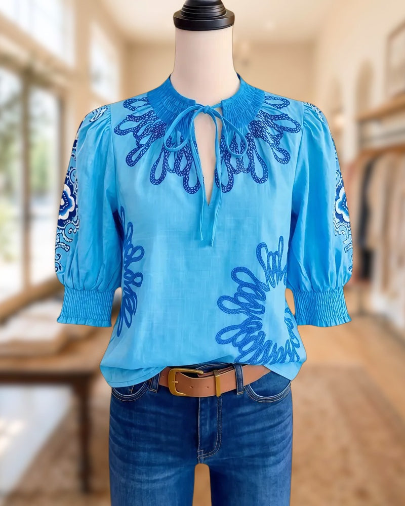 Floral Print Puff Sleeve Tie Neck Urban Blouse