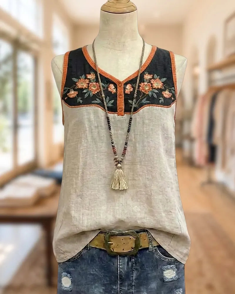 Embroidery Contrast Yoke V Neck Sleeveless Casual Tank Top