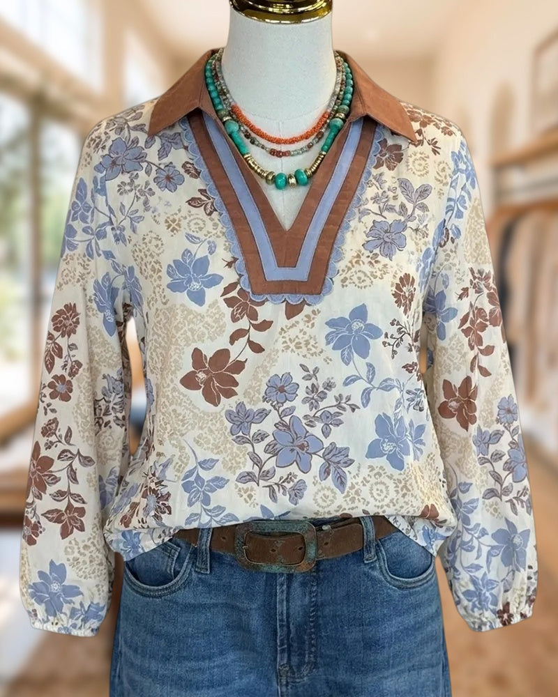 Floral Print Contrast Collar Scalloped Trim Long Sleeve Blouse