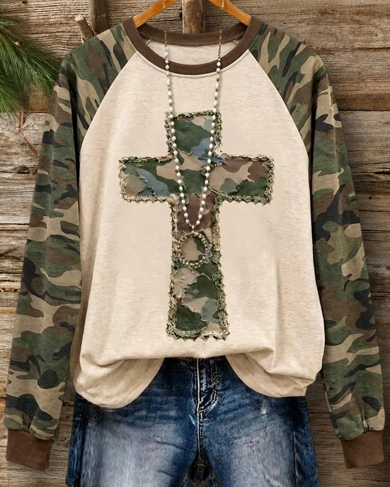 Camo Raglan Sleeve Cross Applique Casual Sweatshirt