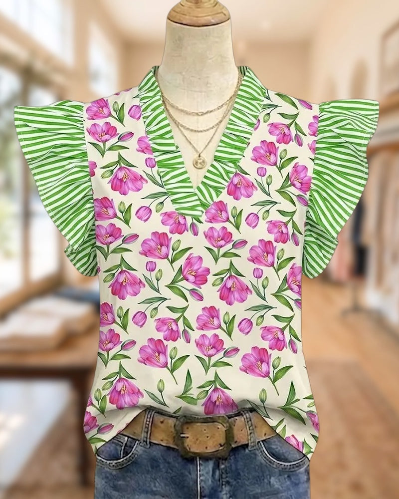 Floral Print Ruffle Sleeve V Neck Striped Trim Casual Blouse