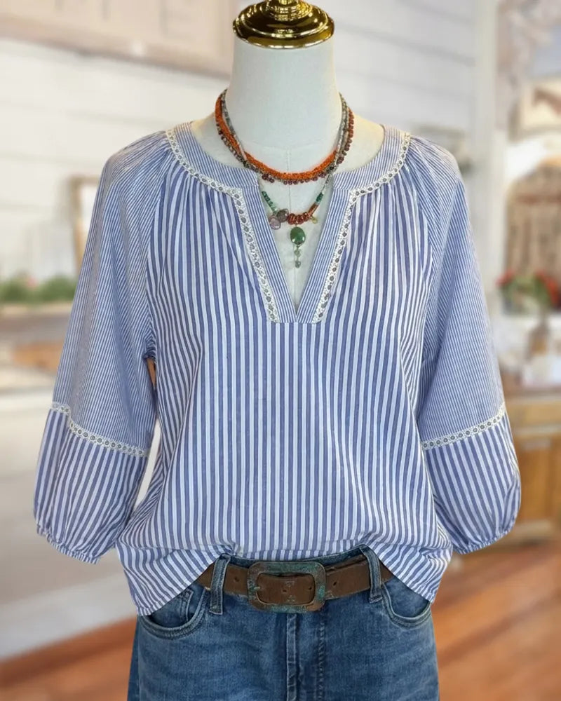 Striped Split Neck Lace Trim Puff Sleeve Relaxed Fit Blouse