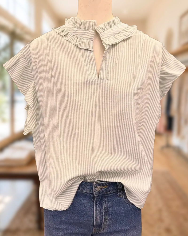 Striped Ruffle Trim V Neck Flutter Sleeve Casual Blouse