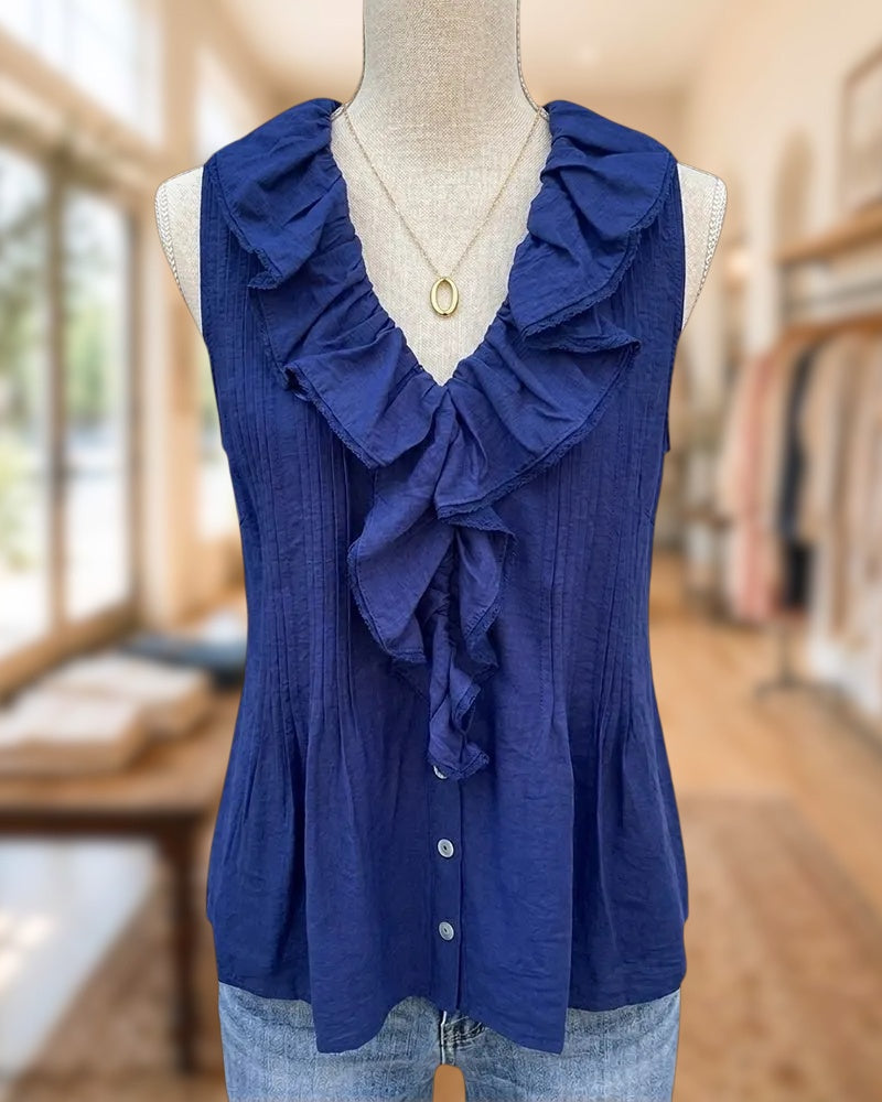 Ruffles Decor V Neck Sleeveless Pintuck Front Button Casual Blouse