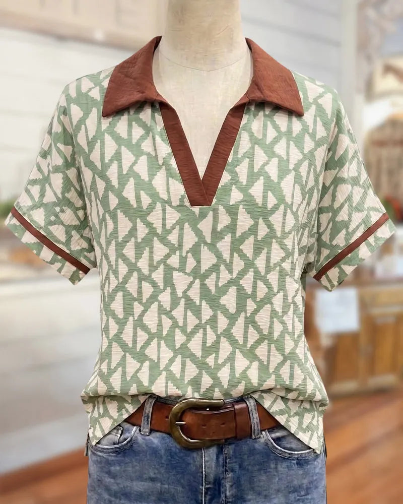 Geometric Print Contrast Trim Collared Short Sleeve Casual Blouse