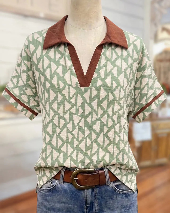 Geometric Print Contrast Trim Collared Short Sleeve Casual Blouse