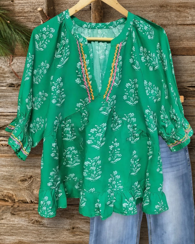 Floral Print Casual V Neck Ruffled Blouse