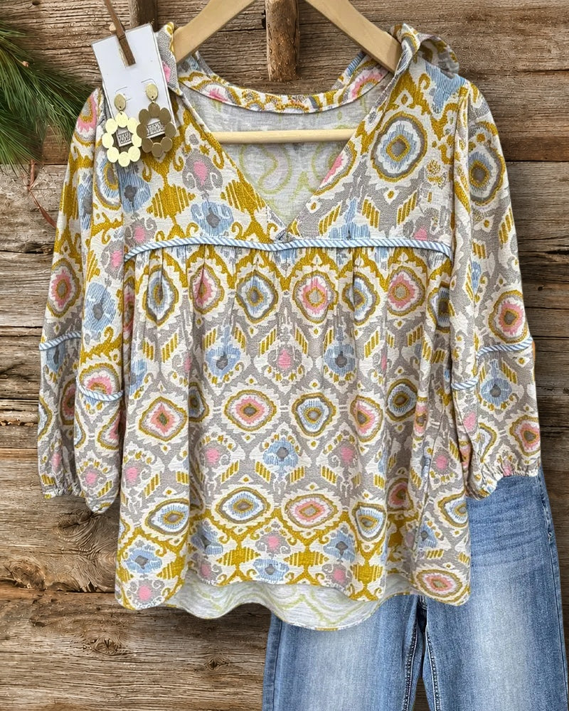 V Neck Ikat Print Bohemian 3/4 Sleeve Blouse