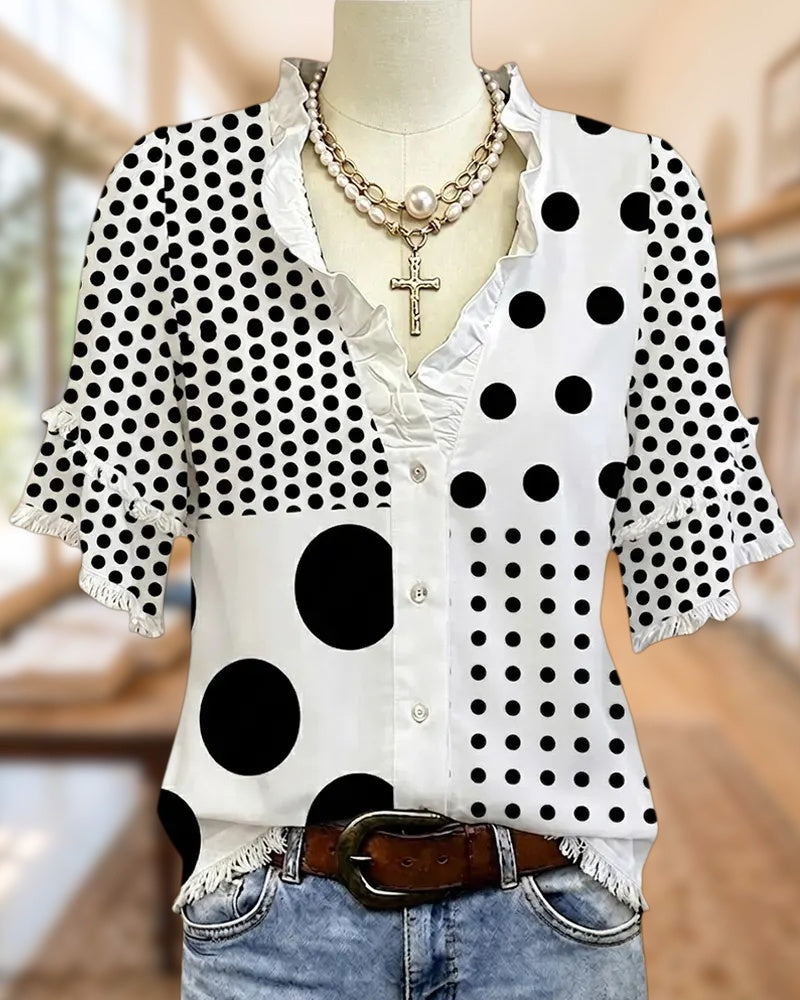 Polka Dot V Neck Button Front Tassels Trim Blouse