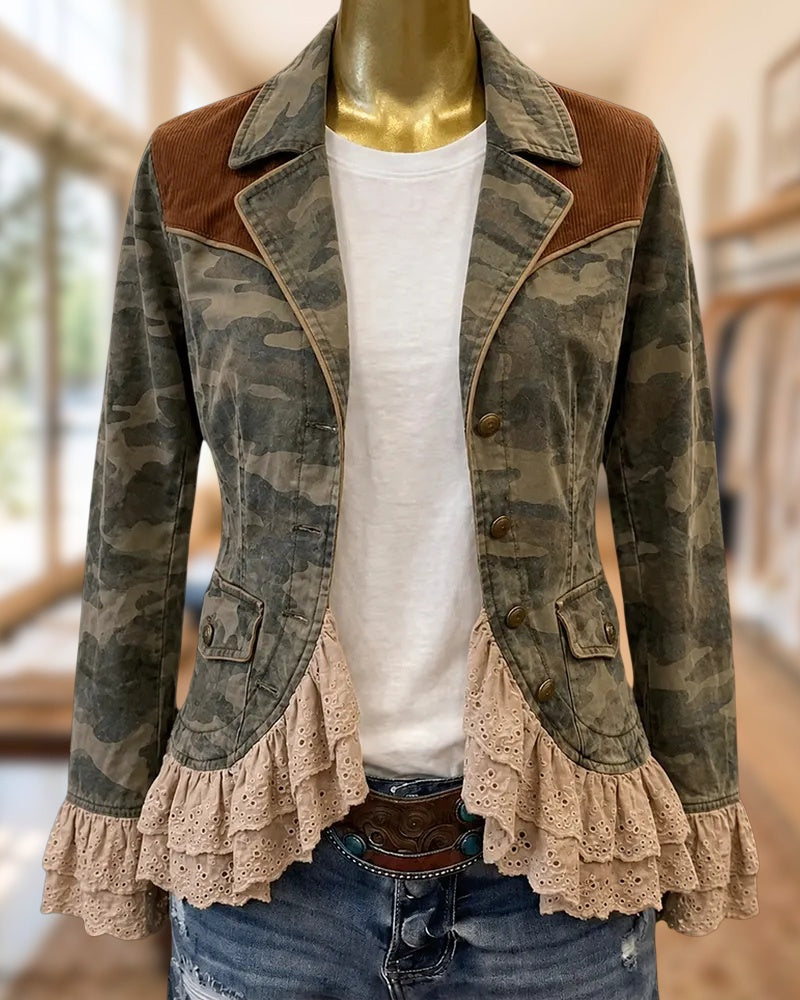 Camouflage Lapel Jacket With Lace Ruffle Hem Corduroy Accents