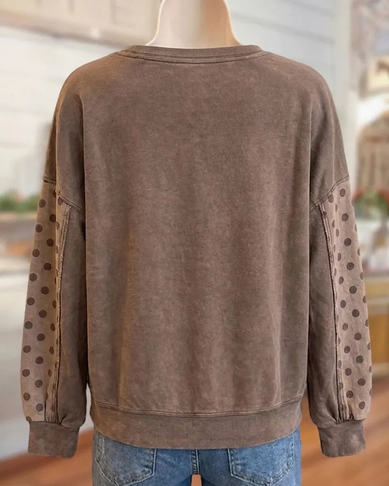 Long Sleeve Polka Dot Patchwork Flower Applique Crew Neck Sweatshirt