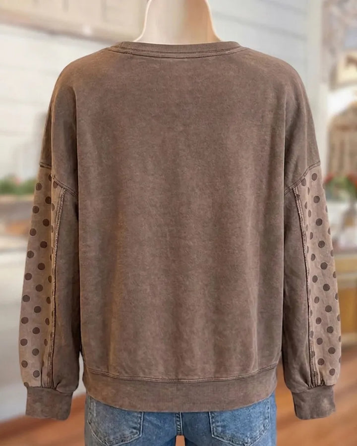 Long Sleeve Polka Dot Patchwork Flower Applique Crew Neck Sweatshirt