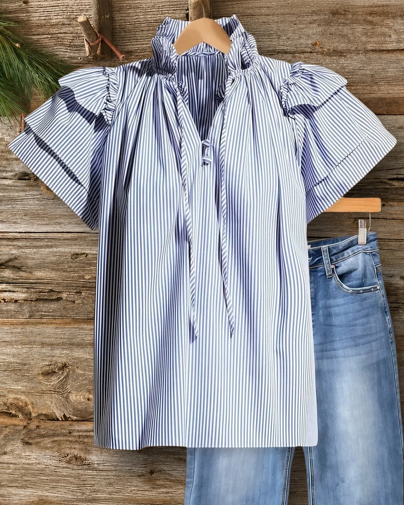 Striped Feminine Tiered Sleeve Tie Neck Blouse