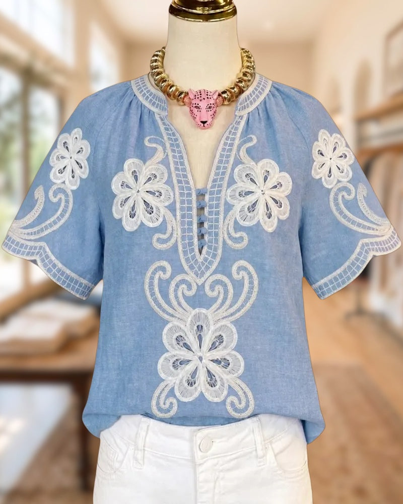 Embroidered V Neck Short Sleeve Loose Fit Casual Blouse