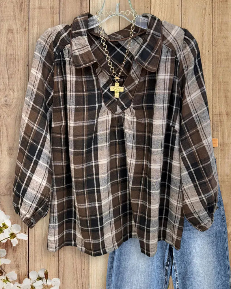 Collared Plaid V-neck 3/4 Sleeve Gathered Cuff Relaxed Blouse