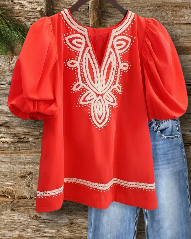 Tribal Embroidery Retro V Neck Puff Sleeve Blouse