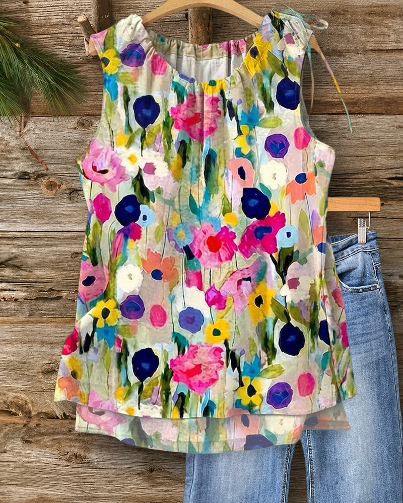 Floral Print Sleeveless Round Neck Tie Detail Tank Top