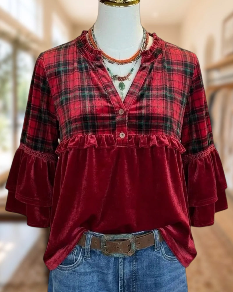 Plaid Panel Ruffled Flare Sleeve V Neck Half Button Blouse