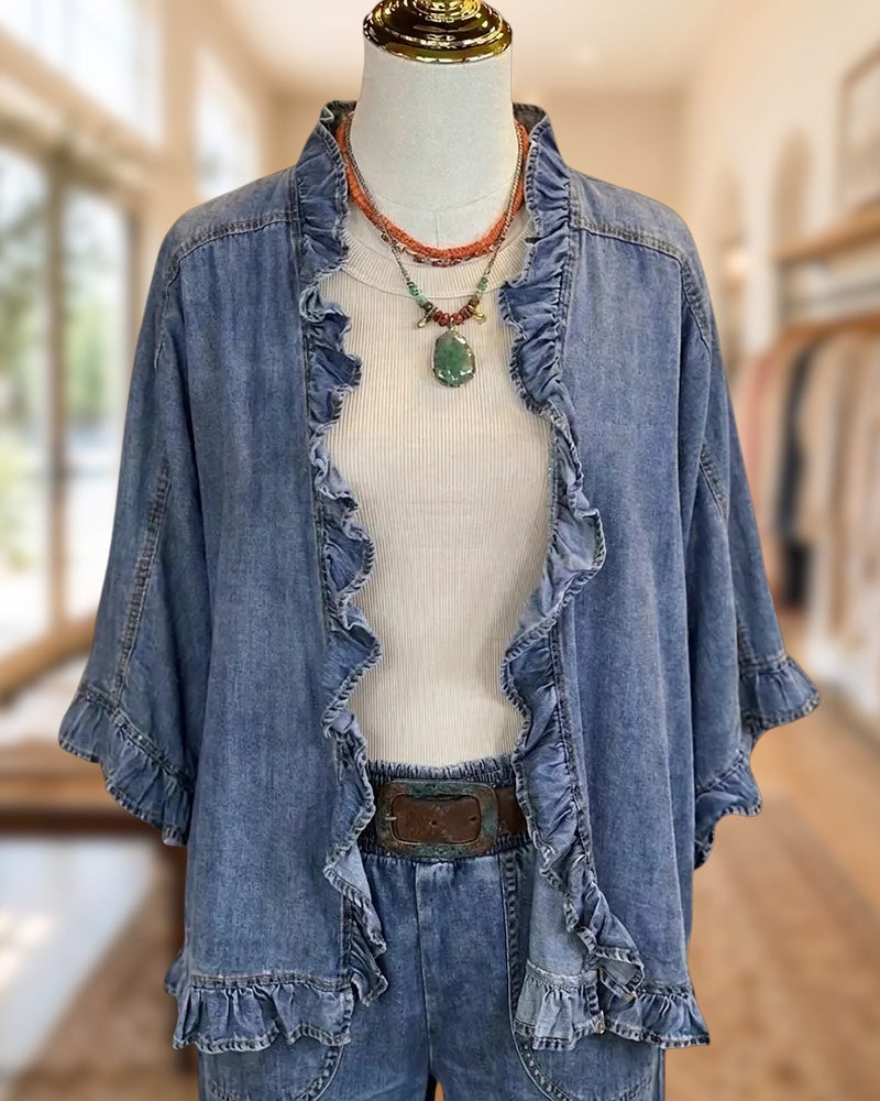 Ruffled Trim Open Front Denim Cardigan