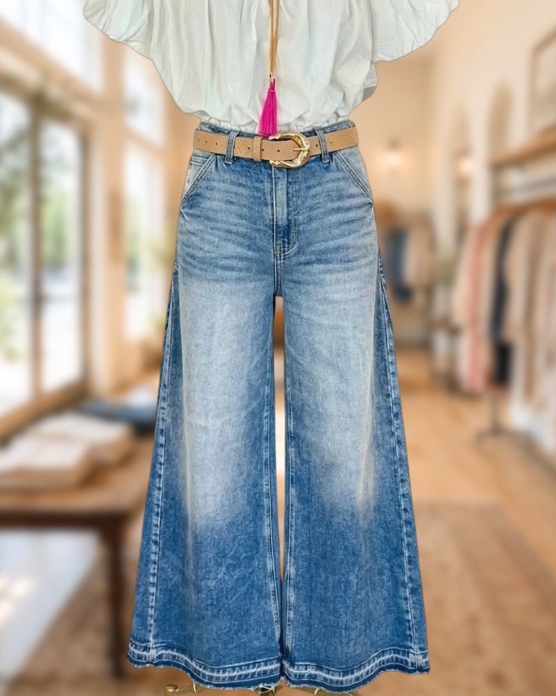 High Waist Washed Frayed Hem Wide Leg Casual Flared Jeans