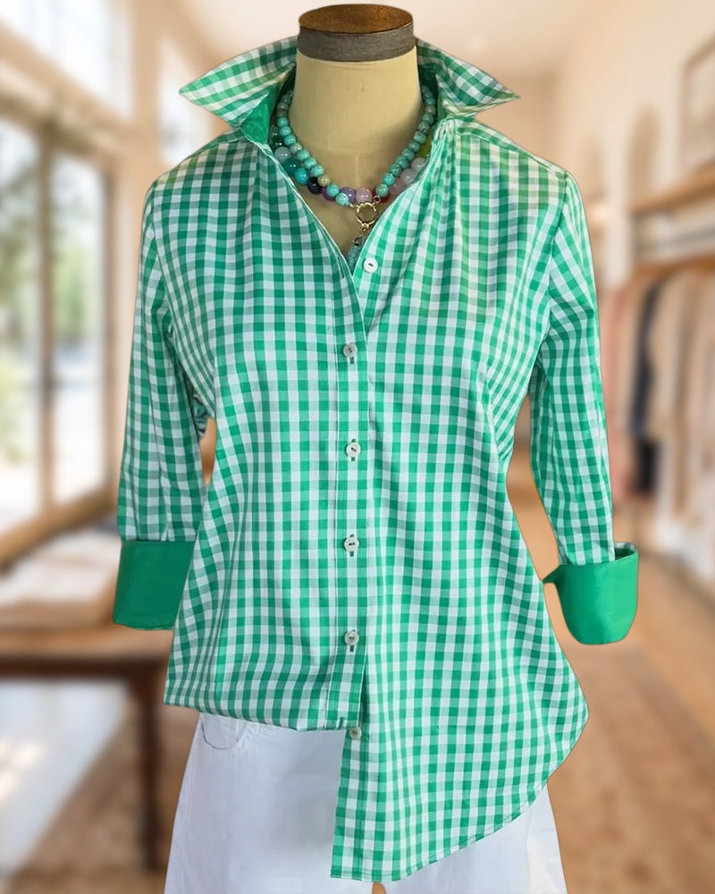 Gingham Print Contrast Cuff Collared Button Down Shirt