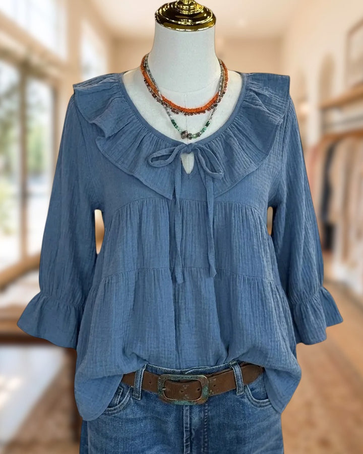 Ruffled Tie Neck Tiered Flare Cuff Soft Casual Blouse