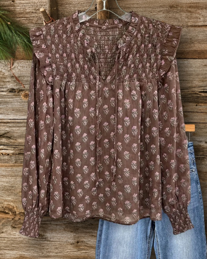 Floral Print Smocked Tie Neck Ruffle Shoulder Long Sleeve Blouse