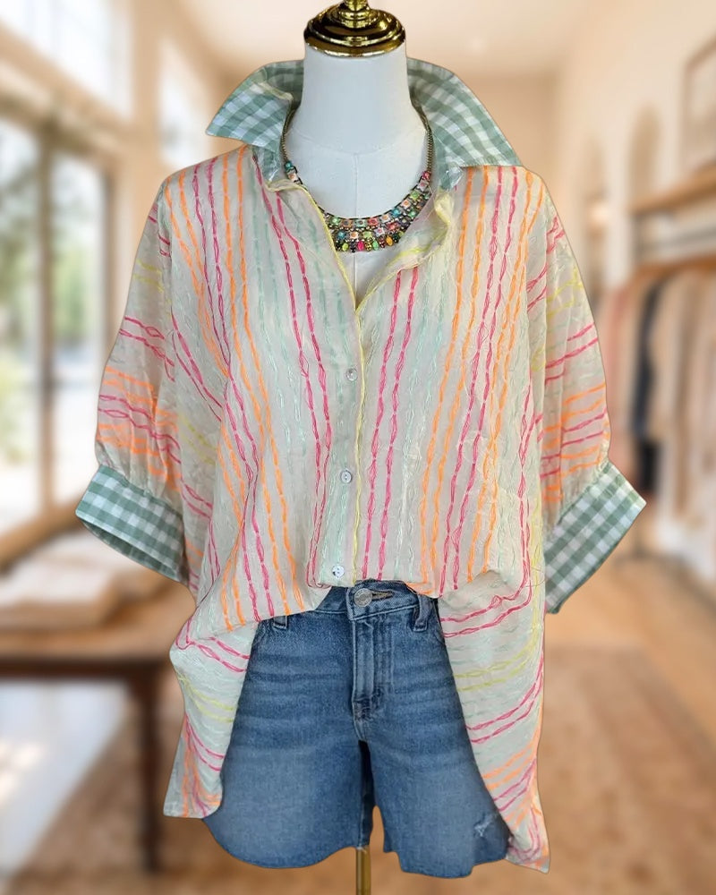 Checked Trim Collar Cuffed Short Sleeve Button Front Striped Shirt