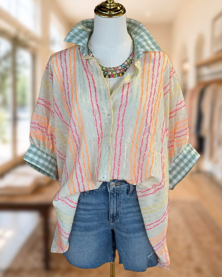 Checked Trim Collar Cuffed Short Sleeve Button Front Striped Shirt
