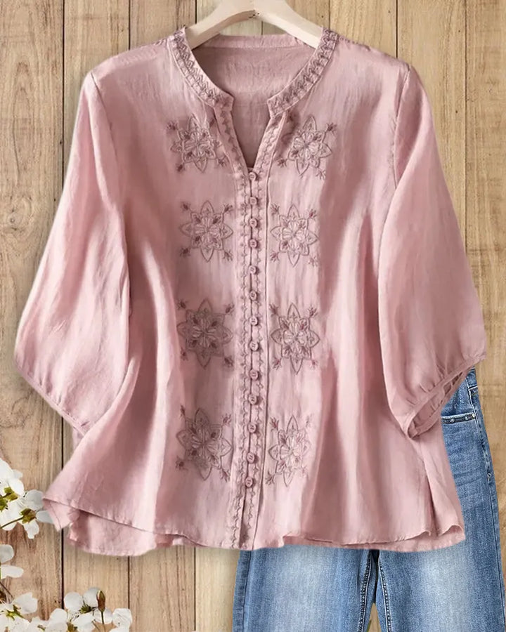 Floral Embroidery V Neck Button Front 3/4 Sleeve Comfortable Blouse