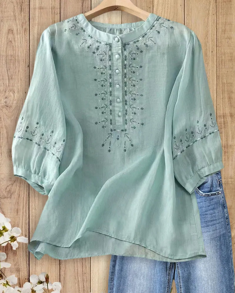 Embroidered Mandarin Collar Half Placket 3/4 Sleeve Loose Blouse