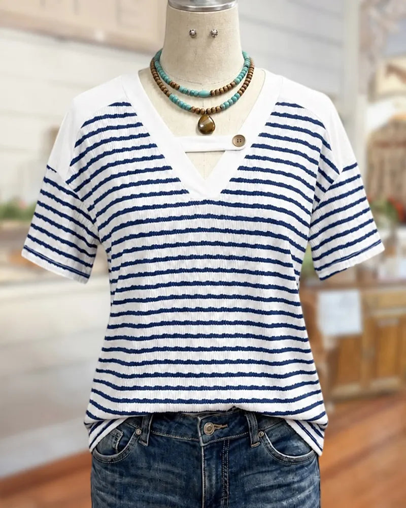 Striped V Neck Cutout Button Detail Short Sleeve T-Shirt