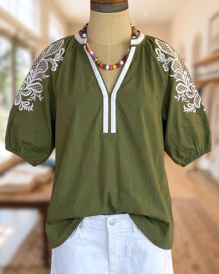 Floral Embroidered Puff Sleeve V Neck Casual Blouse