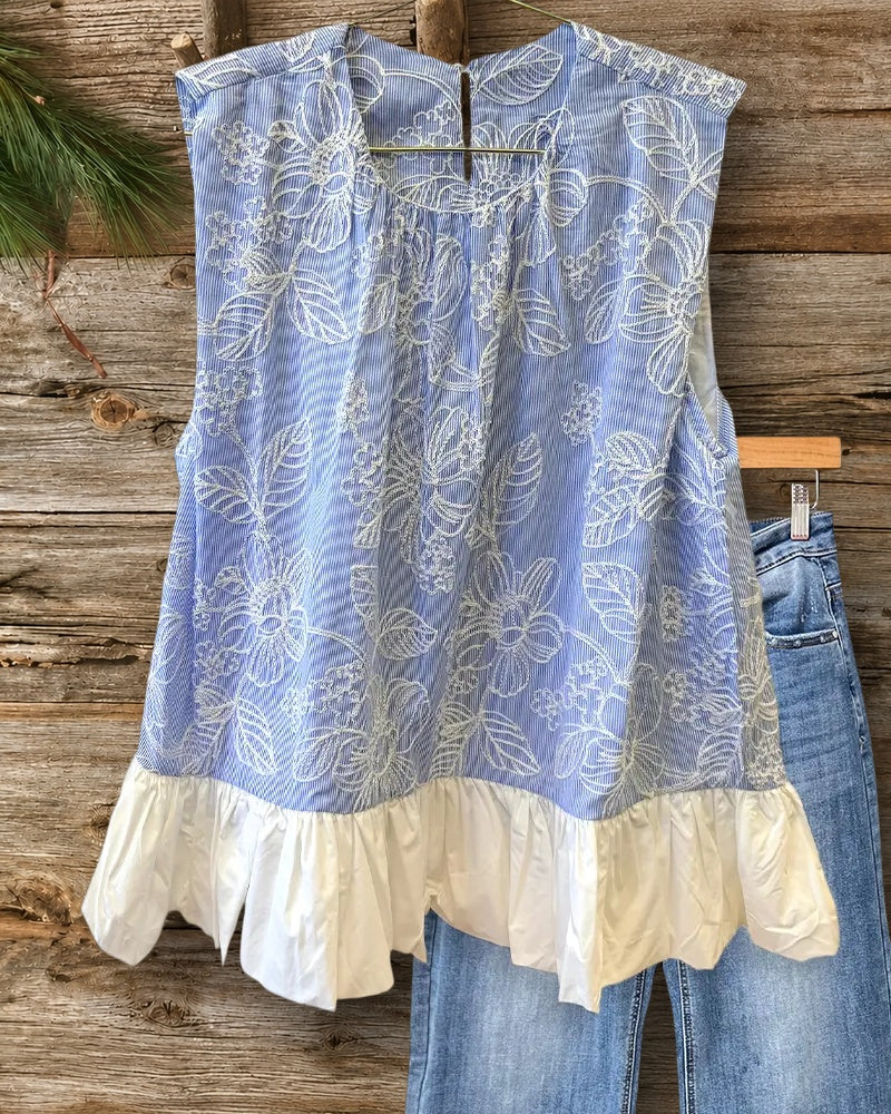 Embroidered Striped Sleeveless Ruffle Hem Loose Casual Blouse