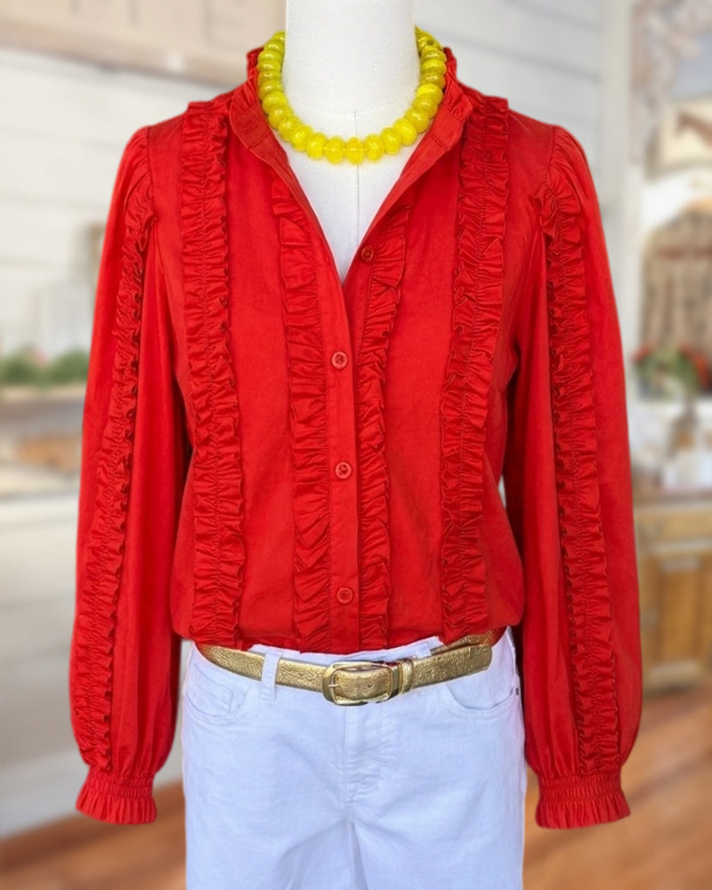 Ruffled Trim Collared Button Down Long Sleeve Blouse