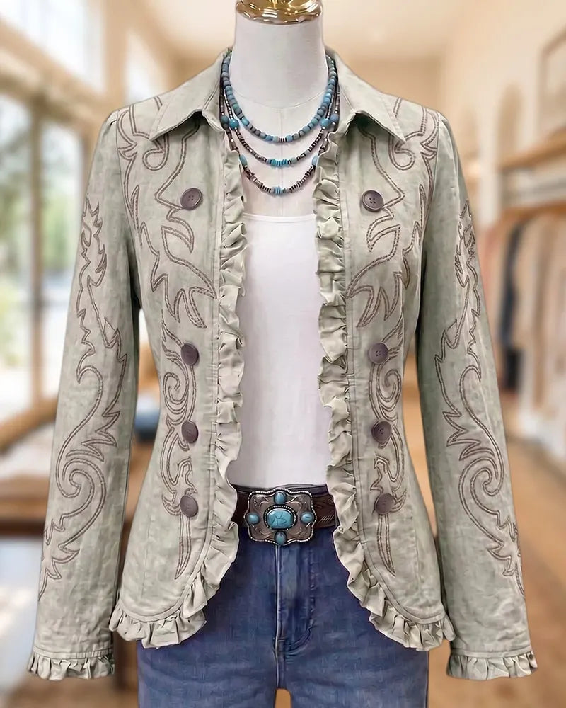Floral Embroidery Ruffle Trim Open Front Casual Jacket