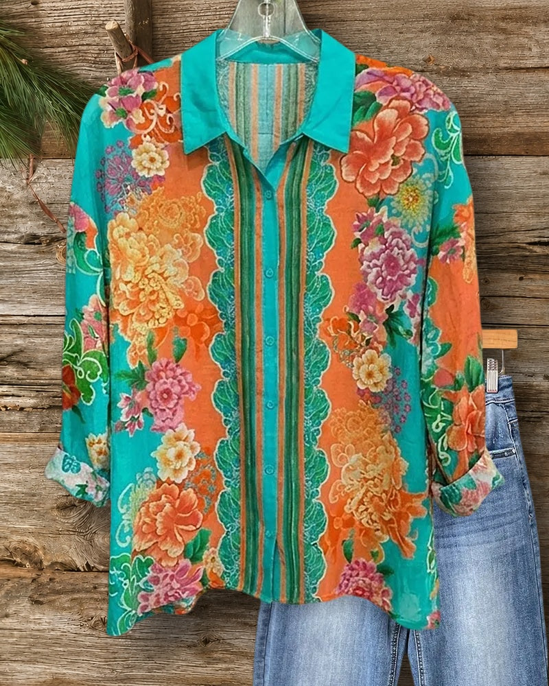 Collared Button Front Floral Print Roll Cuff Casual Shirt