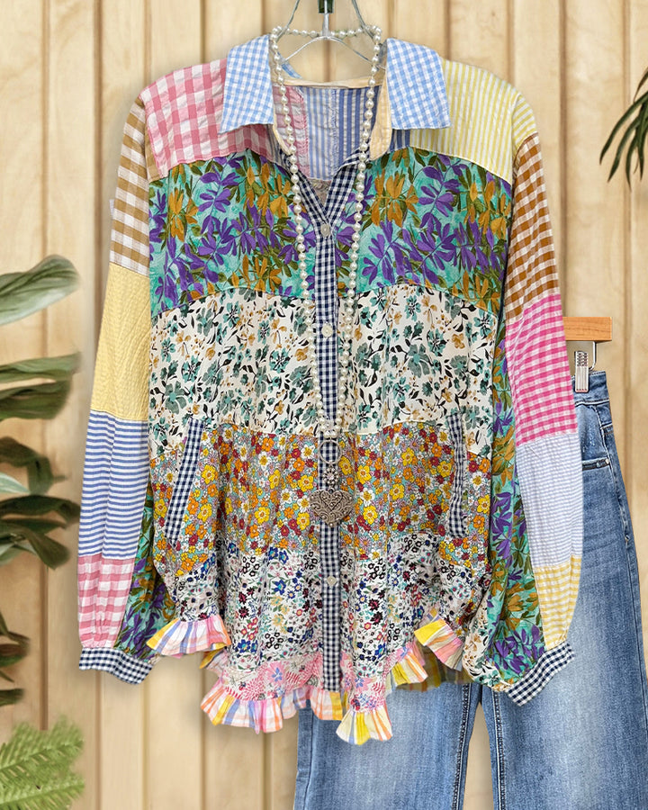 Mixed Patchwork Ruffled Blouse