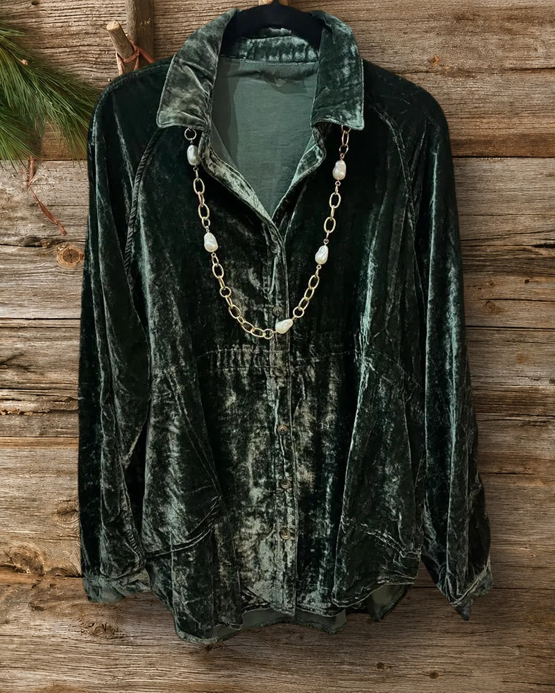 Solid Color Velvet Classic Button Down Blouse
