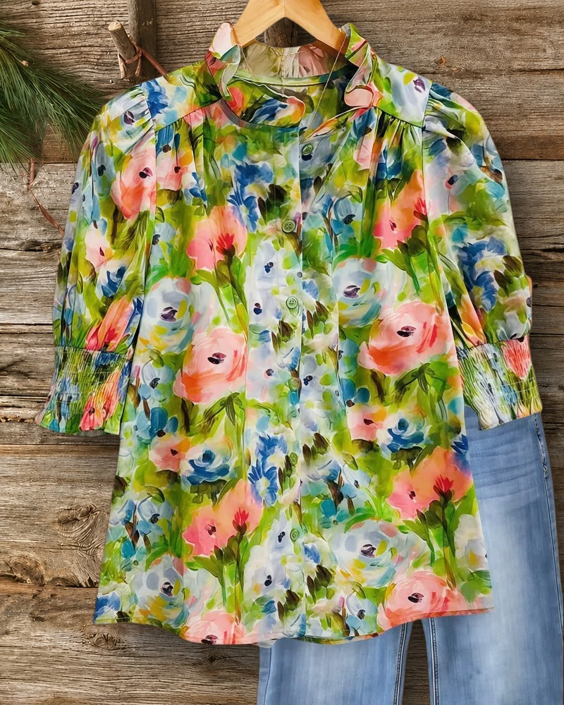 Watercolor Floral Print Ruffled Collar Pretty Button T-Shirt