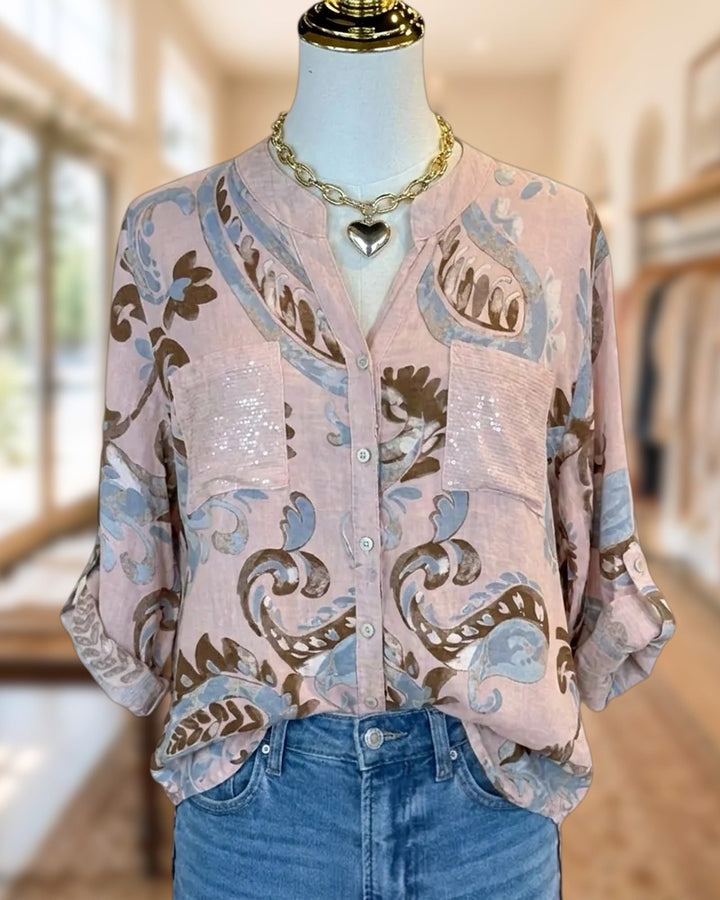 Paisley Print Roll Tab Pocket Blouse