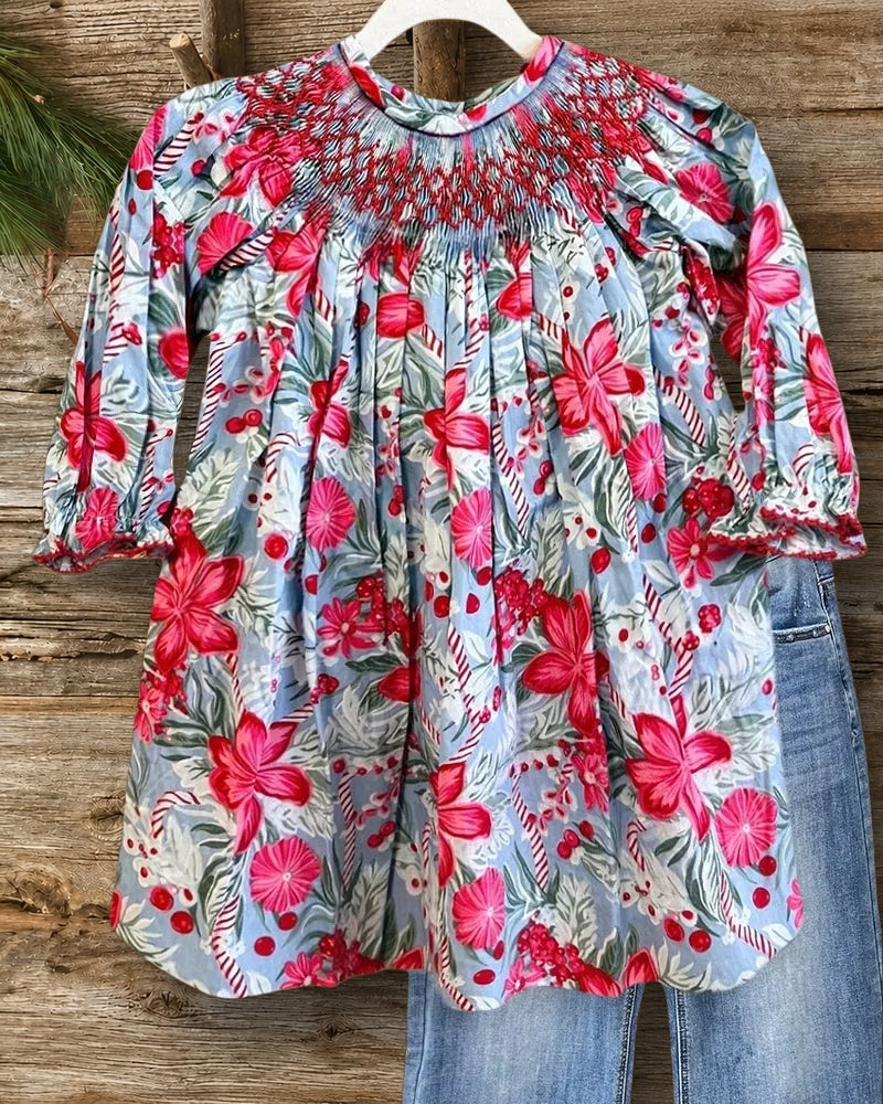 Floral Print Round Neck Rocking Smocked T-Shirt