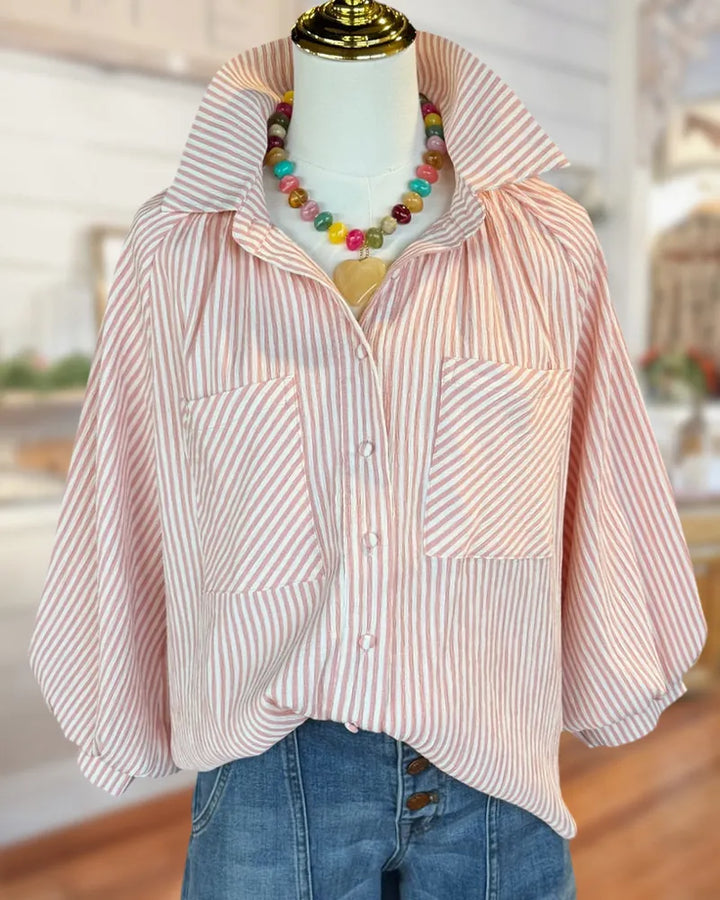 Striped Collared Lantern Sleeve Dual Pocket Button Front Shirt